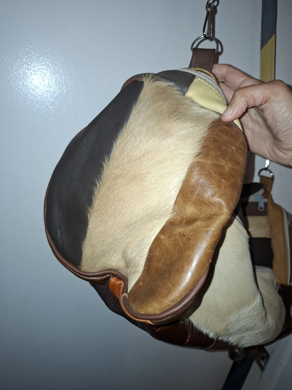 American Vintage Brown & Cream Leather Haircalf Patchwork Hobo Bag